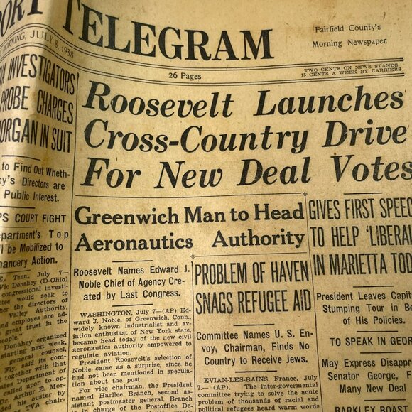 The Bridgeport Telegram Newspaper July 8 1938 Roosevelts Cross Country Drive u - Picture 2 of 10
